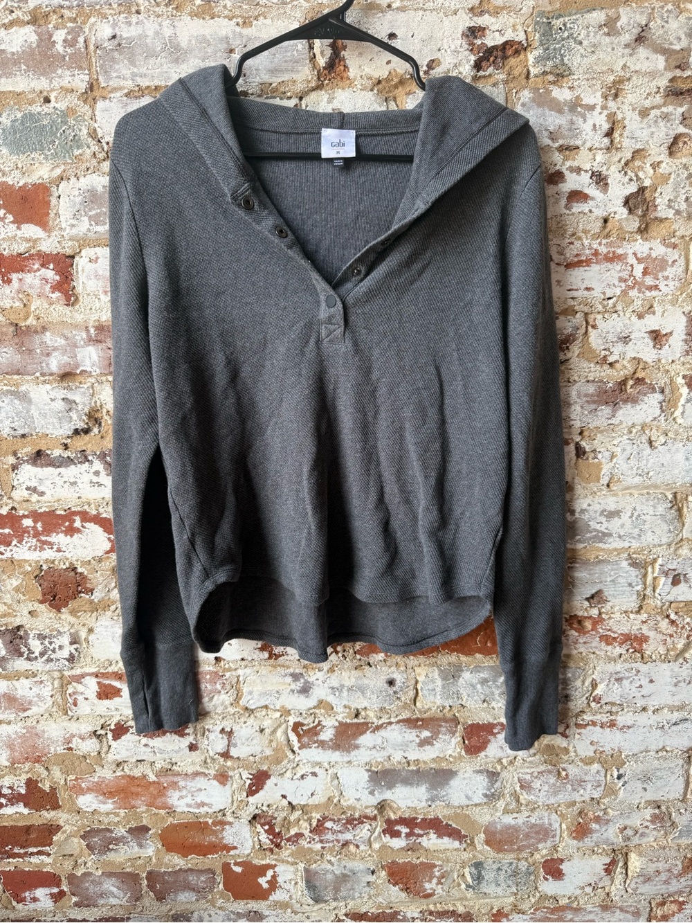 CAbi Dark Gray Hooded Pullover with Buttoned V-Neck